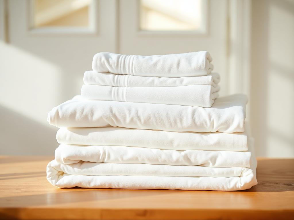 Folded fresh white linen on a wooden surface