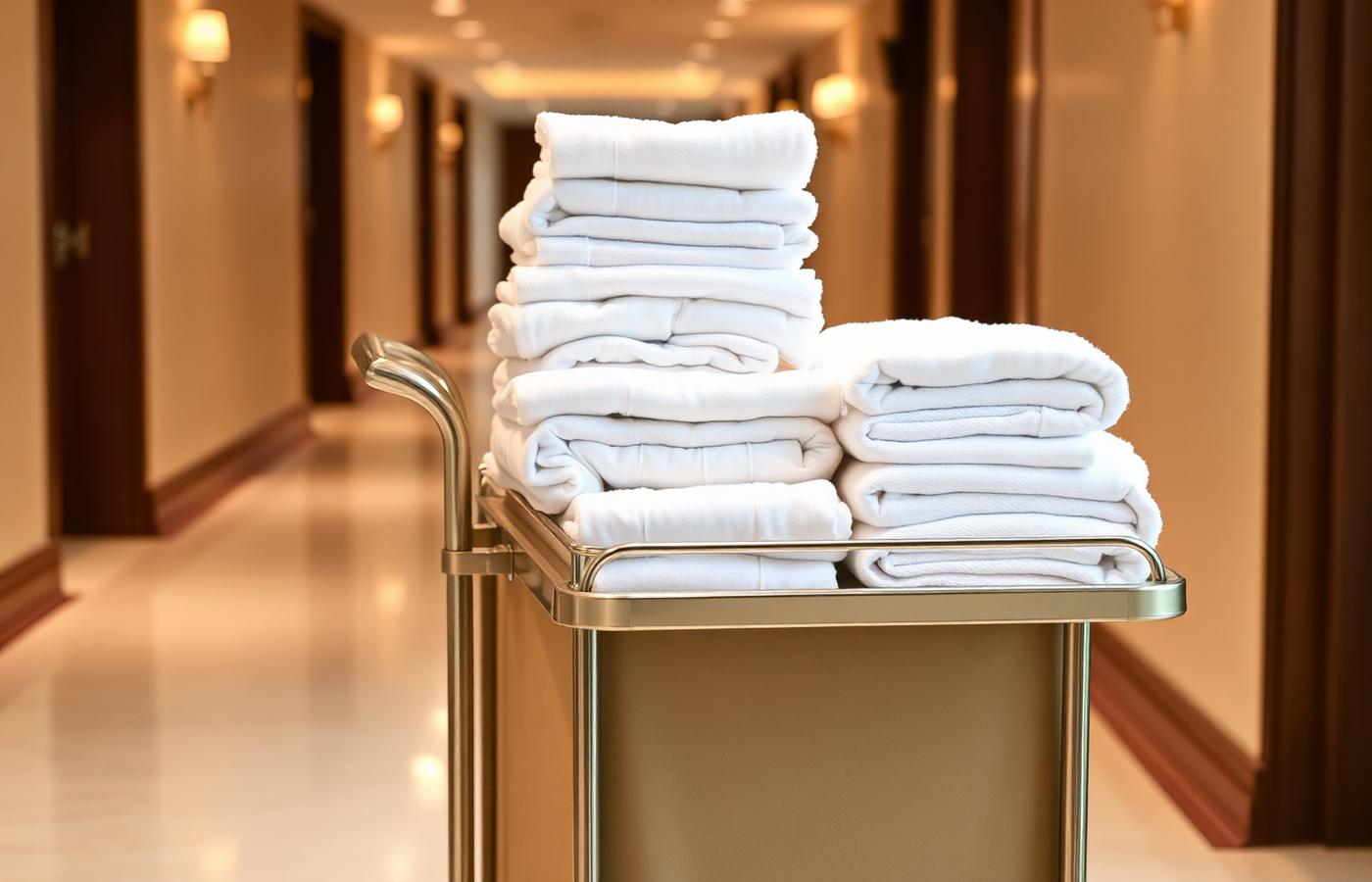 Hotel housekeeping cart with neatly stacked fresh white linen